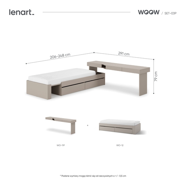 WOOW SET-WOS3P - Zestaw Biurko Prawe i Łóżko Szampański/Dąb Vincenza Bielona/Clay Grey
