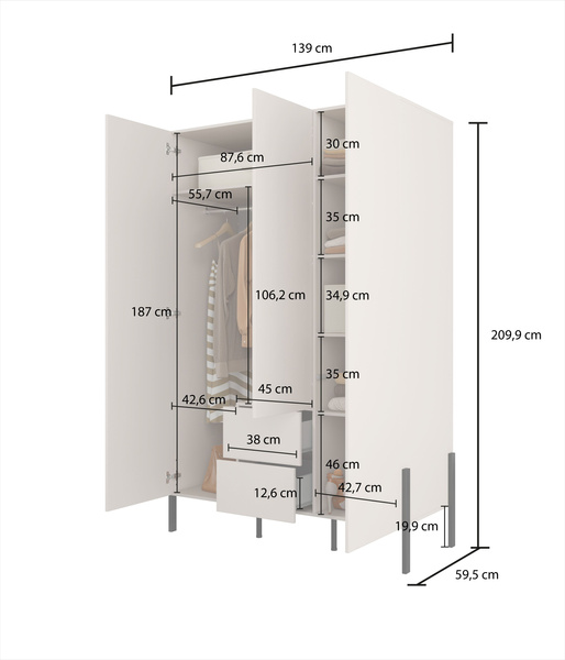 Jukon S - Szafa 3D2S Kaszmir Czarne Metalowe Nogi