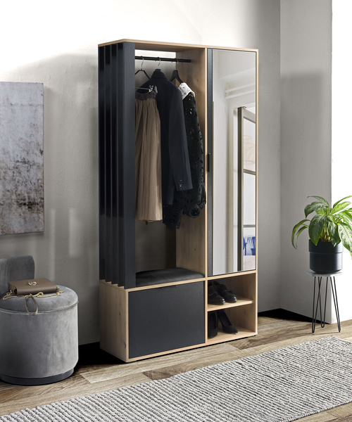 MILO - Garderoba 1-drzwiowa z Lustrem Dąb Artisan Czarny Mat