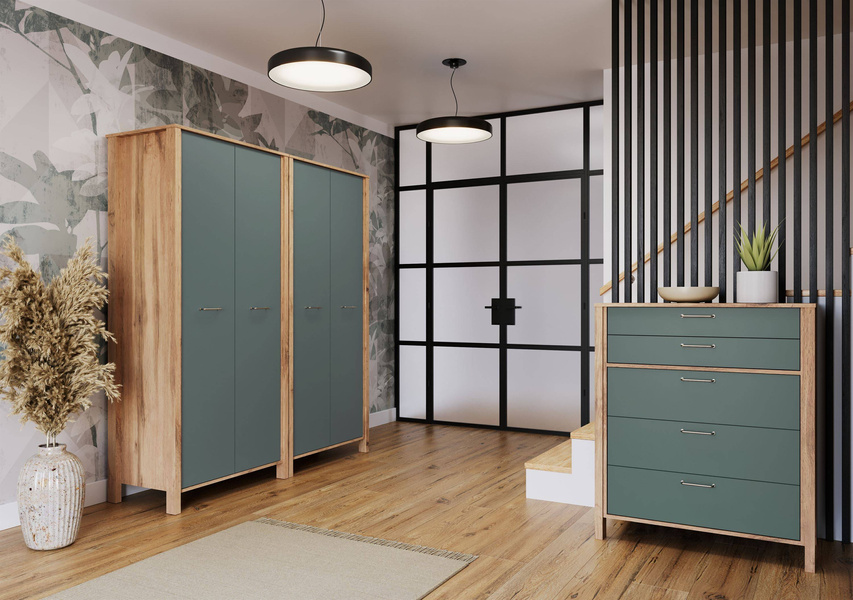 Indygo K3S - Komoda 3 Szuflady Dąb Wotan/Zielony