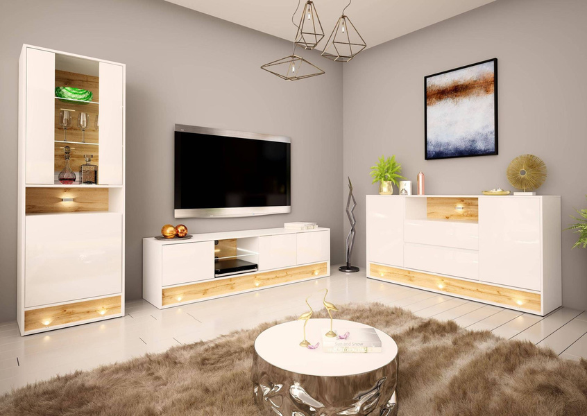 VISION-01 - Komoda RTV 3D z Oświetleniem LED Biały Mat Dąb Wotan Mat Biały Połysk