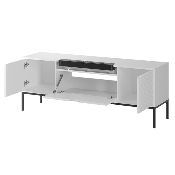 ASPEN-06 - Komoda RTV 3D z Soundbarem JBL i Oświetleniem LED Biały Mat Czarny Stelaż