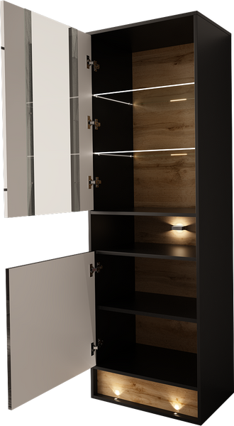 VISION-04 - Witryna 2D z Oświetleniem LED Czarny Mat Dąb Wotan Mat Czarny Połysk