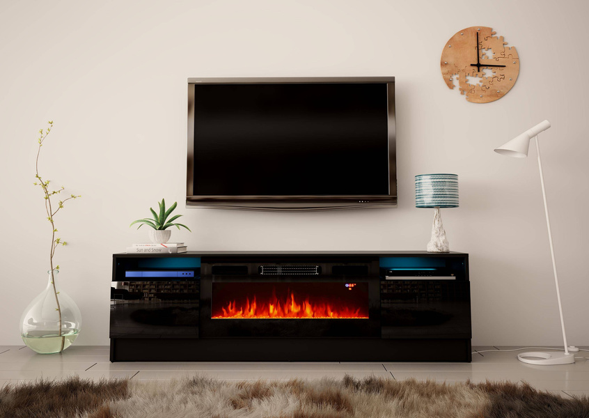 DUKE-01 - Komoda RTV 2D z Oświetleniem LED i Kominkiem Elektrycznym Czarny Mat Czarny Połysk