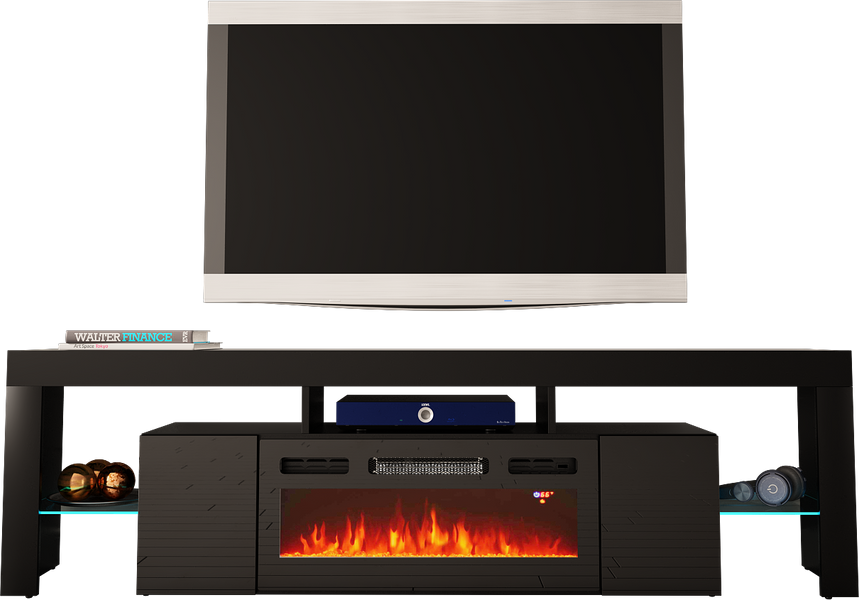 SOLEO-01 - Komoda RTV 2D z Oświetleniem LED i Kominkiem Elektrycznym Czarny Mat Czarny Połysk