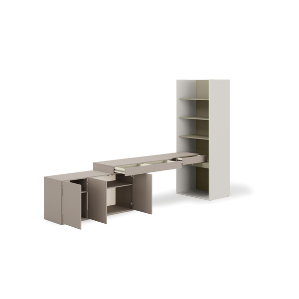 WOOW SET-WOS8LE - Zestaw Komoda i Biurko Lewe/Regał Szeroki Szampański/Eukaliptus/Clay Grey