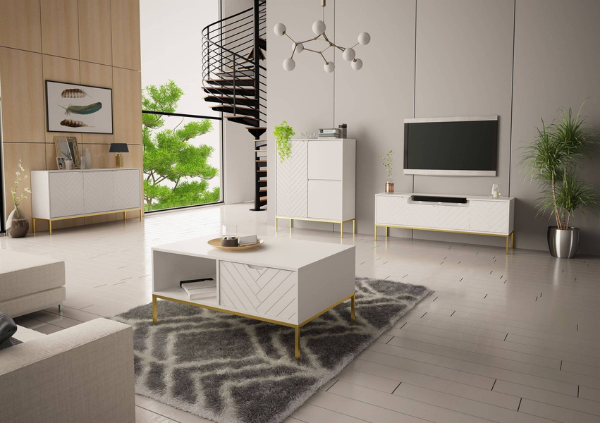 ASPEN-06 - Komoda RTV 3D z Soundbarem JBL i Oświetleniem LED Biały Mat Złoty Stelaż