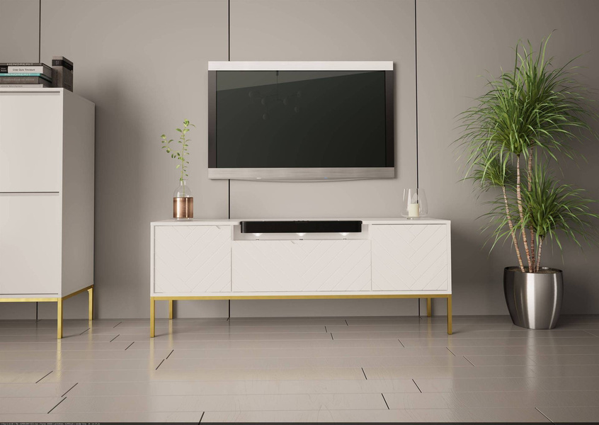 ASPEN-06 - Komoda RTV 3D z Soundbarem JBL i Oświetleniem LED Biały Mat Złoty Stelaż
