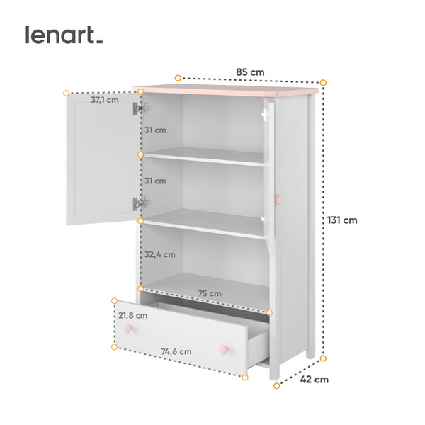 LUNA LN-11 - Komoda 2D1S Biała/Różowa