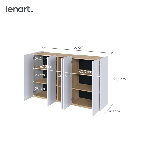 EASY EA-01 - Komoda 5-drzwiowa z Oświetleniem LED Biały Połysk/Dąb Scandi