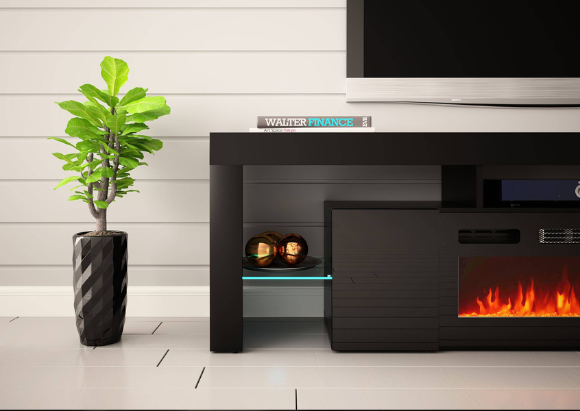 SOLEO-01 - Komoda RTV 2D z Oświetleniem LED i Kominkiem Elektrycznym Czarny Mat Czarny Połysk