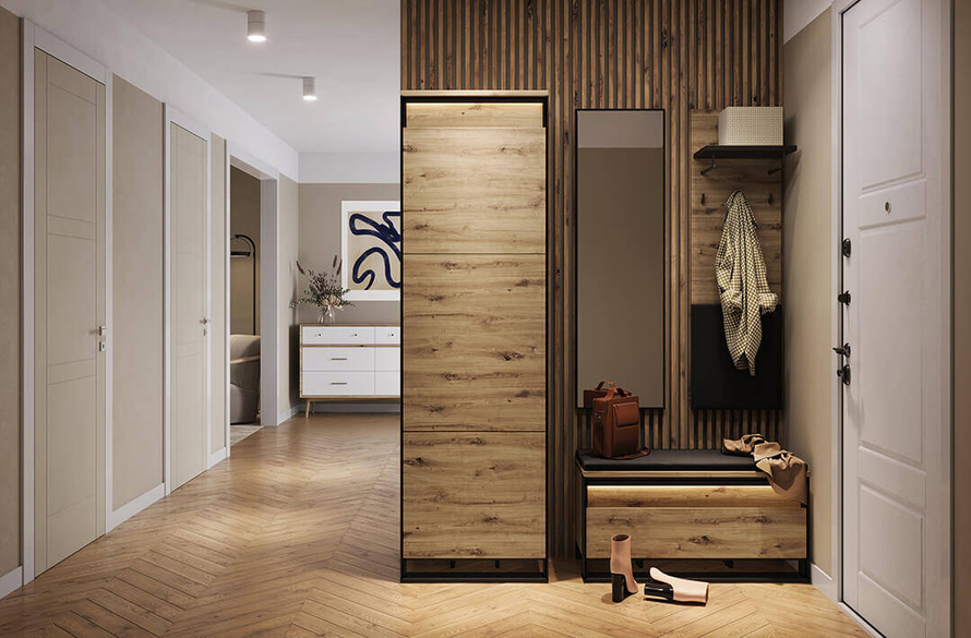 QUANT GARDEROBA QG-01 - Szafa 1-drzwiowa Z Oświetleniem Dąb Artisan/Czarna