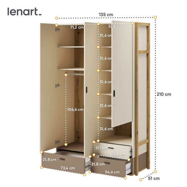 LENNY LY-01 - Szafa 3D3S Dąb Artisan/Beż/Truflowa