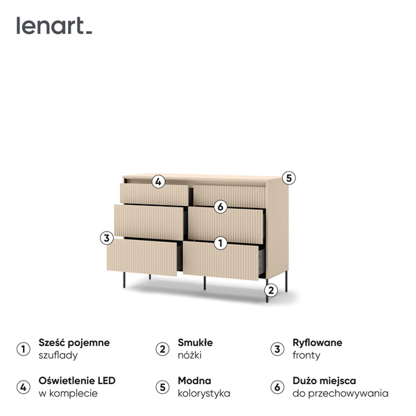 TREND TS-06 - Komoda 6 Szuflad z Oświetleniem LED Beż Piaskowy Czarny Mat