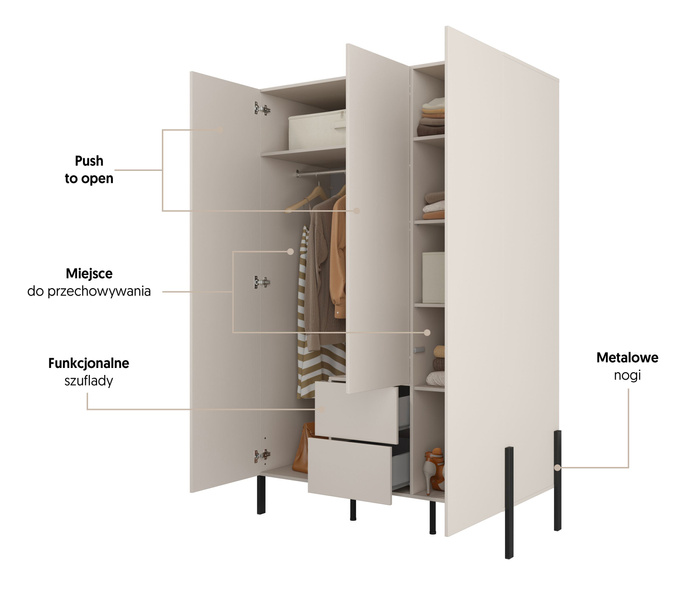 Jukon S - Szafa 3D2S Kaszmir Czarne Metalowe Nogi