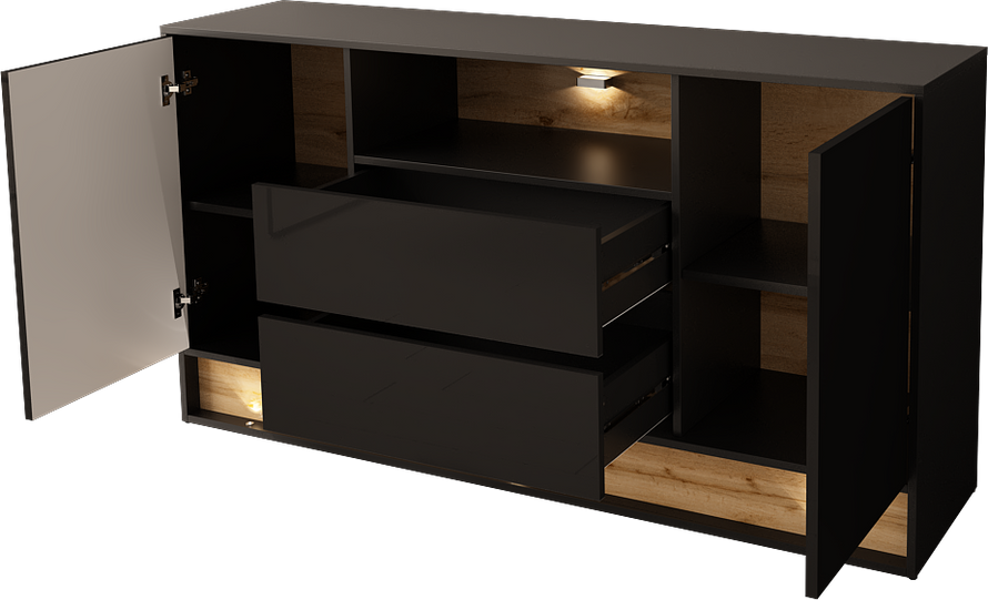 VISION-02 - Komoda 2D2S z Oświetleniem LED Czarny Mat Dąb Wotan Mat Czarny Połysk