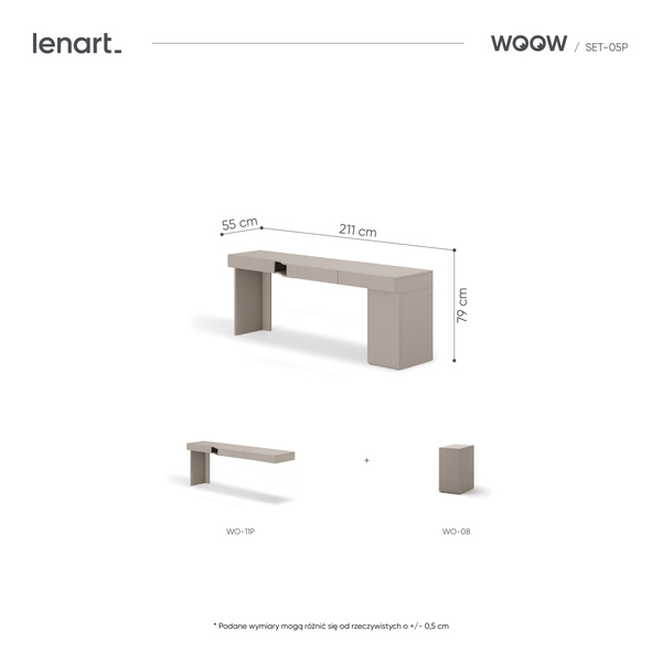 WOOW SET-WOS5P - Zestaw Kontenerek i Biurko Prawe Szampański/Dąb Vincenza Bielona/Clay Grey