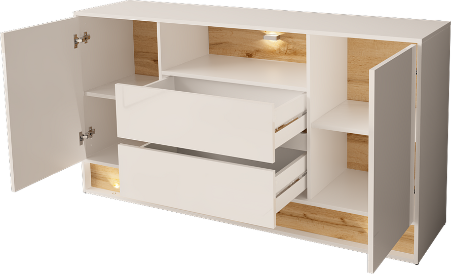 VISION-02 - Komoda 2D2S z Oświetleniem LED Biały Mat Dąb Wotan Mat Biały Połysk