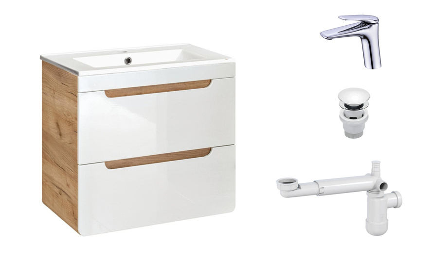 Szafka 60 cm Aruba White z Umywalką, Baterią i Syfonem z Korkiem