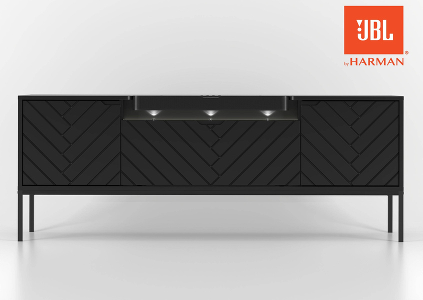 ASPEN-06 - Komoda RTV 3D z Soundbarem JBL i Oświetleniem LED Czarny Mat Czarny Stelaż