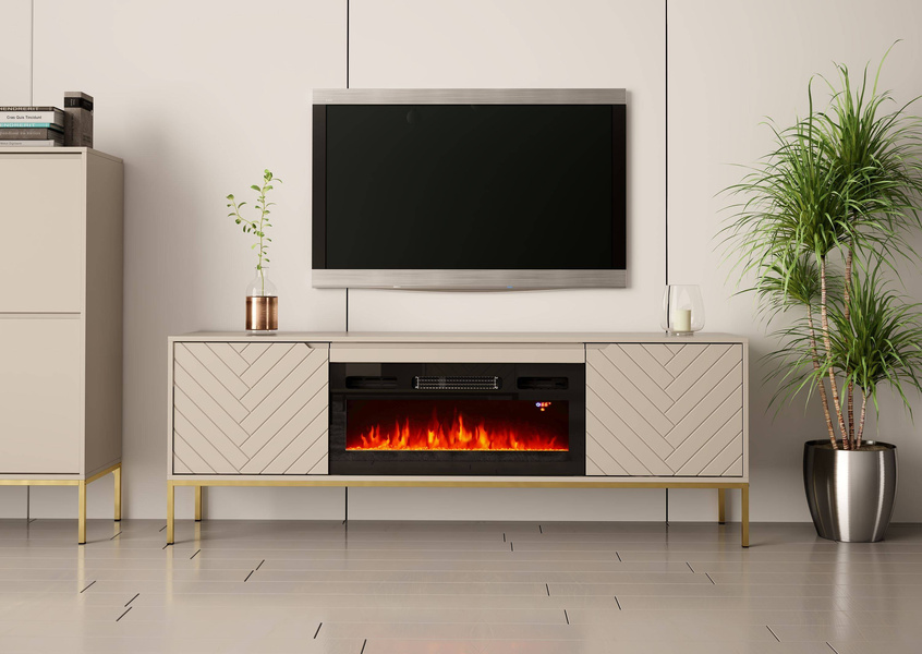 ASPEN-02 - Komoda RTV 2D z Kominkiem Elektrycznym Kaszmir Złoty Stelaż