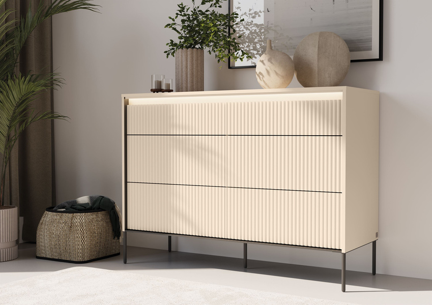 TREND TS-06 - Komoda 6 Szuflad z Oświetleniem LED Beż Piaskowy Czarny Mat