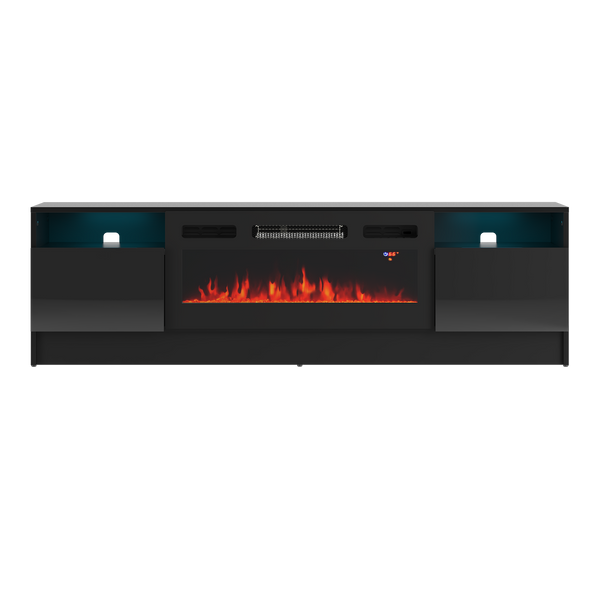 DUKE-01 - Komoda RTV 2D z Oświetleniem LED i Kominkiem Elektrycznym Czarny Mat Czarny Połysk