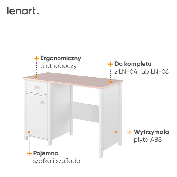 LUNA LN-03 - Biurko 1D1S Białe/Różowe