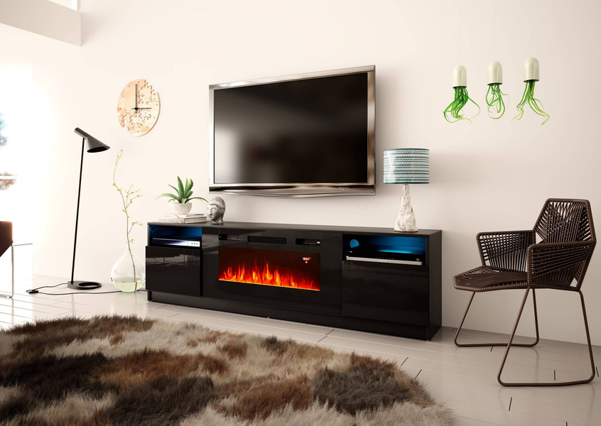 YORK-02 - Komoda RTV 2D z LED i Kominkiem Czarny Mat Czarny Połysk