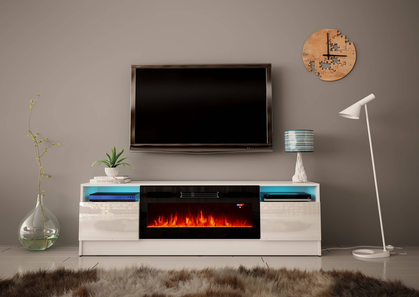 DUKE-01 - Komoda RTV 2D z Oświetleniem LED i Kominkiem Elektrycznym Biały Mat Biały Połysk