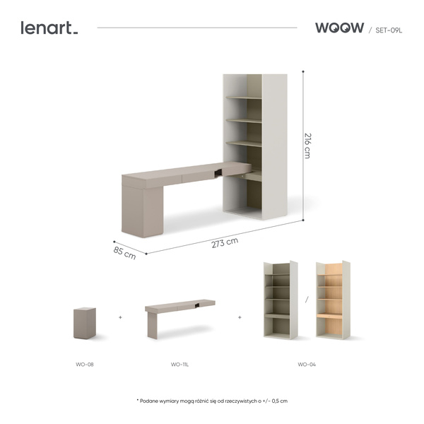 WOOW SET-WOS9LE - Zestaw Kontenerek i Biurko Lewe/Regał Szeroki Szampański/Eukaliptus/Clay Grey