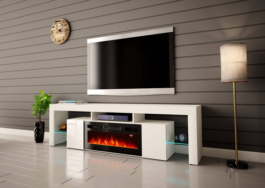 SOLEO-01 - Komoda RTV 2D z Oświetleniem LED i Kominkiem Elektrycznym Biały Mat Biały Połysk