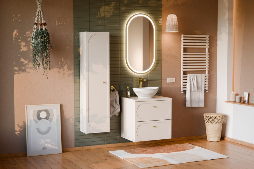 Zestaw Szafka Pod Umywalkę z Blatem 60 cm i Słupek Wysoki Donna Sand