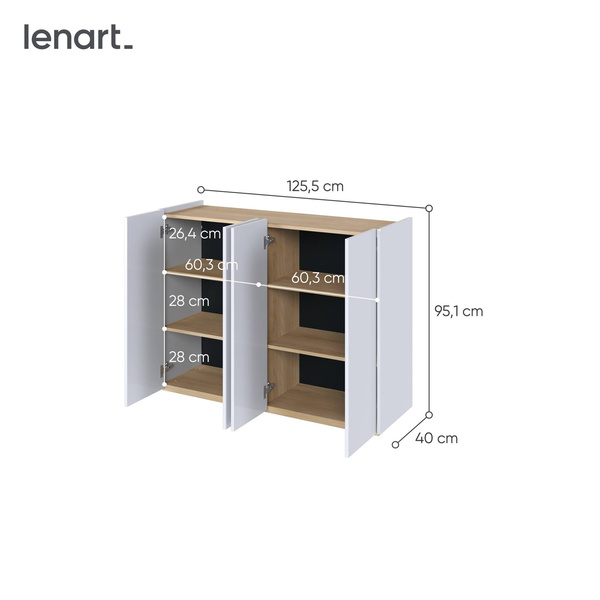 EASY EA-02 - Komoda 4-drzwiowa z Oświetleniem LED Biały Połysk/Dąb Scandi