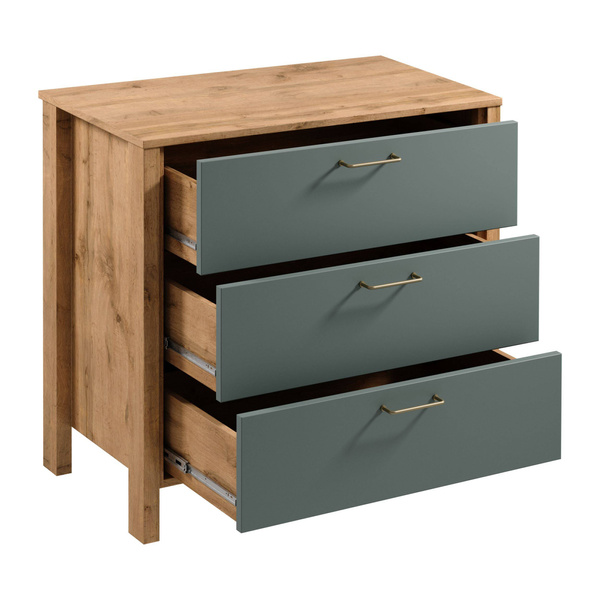Indygo K3S - Komoda 3 Szuflady Dąb Wotan/Zielony