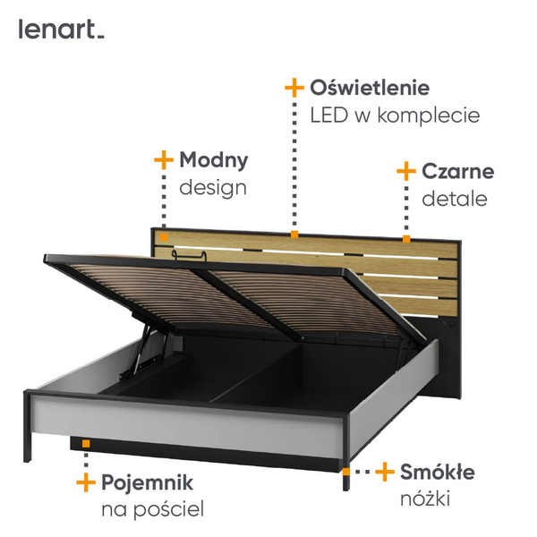 GRIS GS-02 - Łóżko 160 cm Ze Stelażem Szare/Czarne