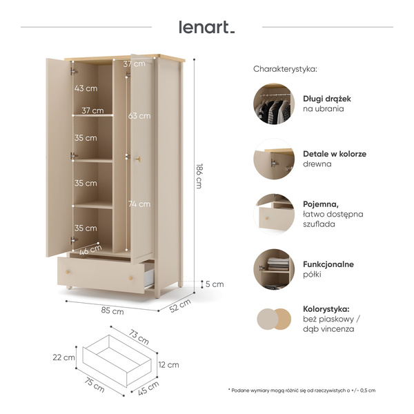 STORY SO-12 - Szafa 2D1S Beż Piaskowy Dąb Vincenza Bielona