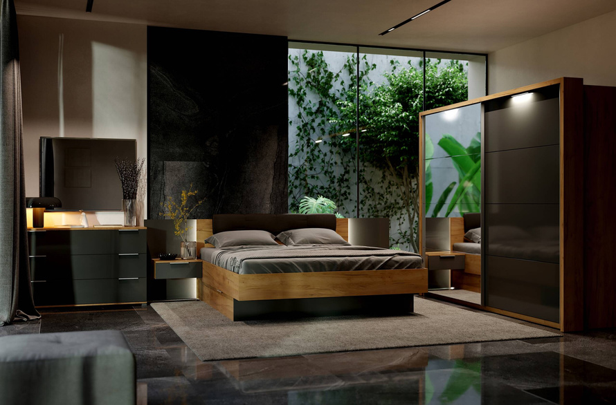 Luna LN-36-LV - Łóżko z Zagłówkiem 2 Szuflady Oświetlenie LED Dąb Craft Lava Mat 160x200 cm