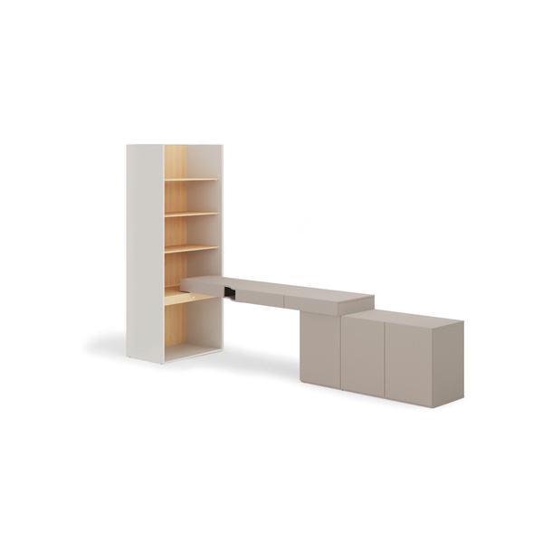 WOOW SET-WOS8PVB - Zestaw Komoda i Biurko Prawe/Regał Szeroki Szampański/Dąb Vincenza Bielona/Clay Grey