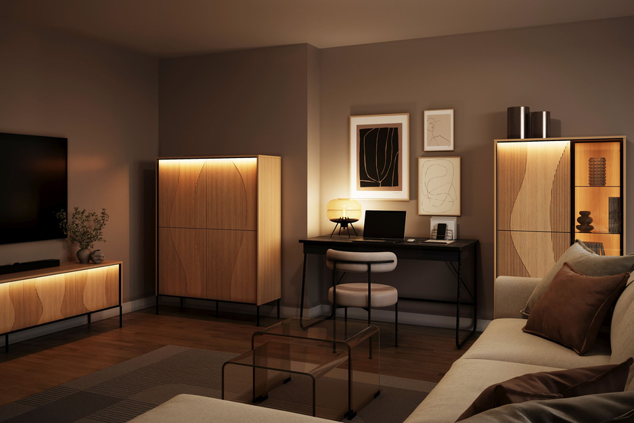 FLOW FW-05 - Komoda RTV 4D z Oświetleniem Dąb Vincenza Bielona Czarny Mat