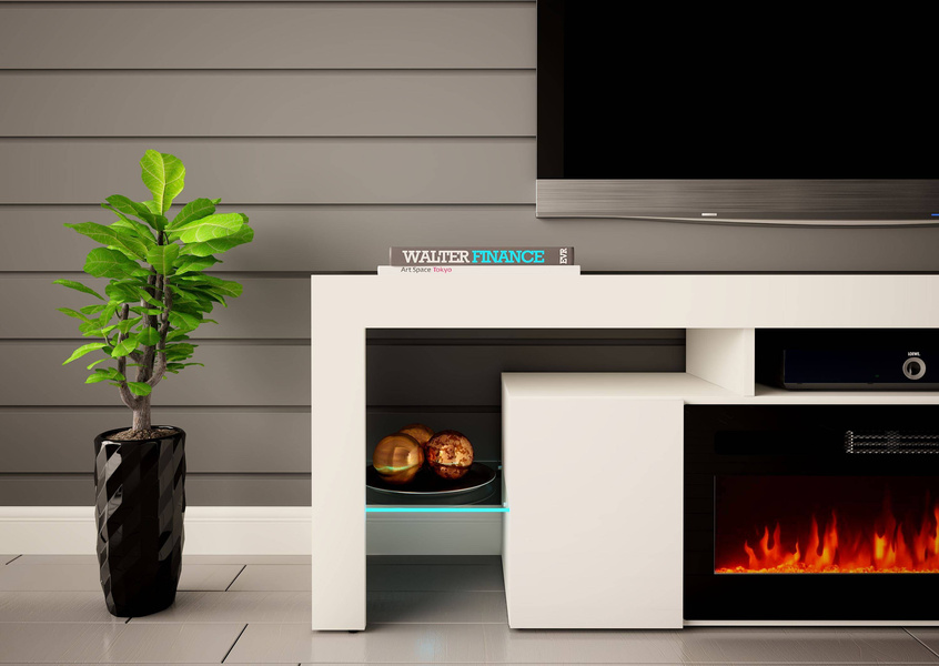 SOLEO-01 - Komoda RTV 2D z Oświetleniem LED i Kominkiem Elektrycznym Biały Mat Biały Połysk