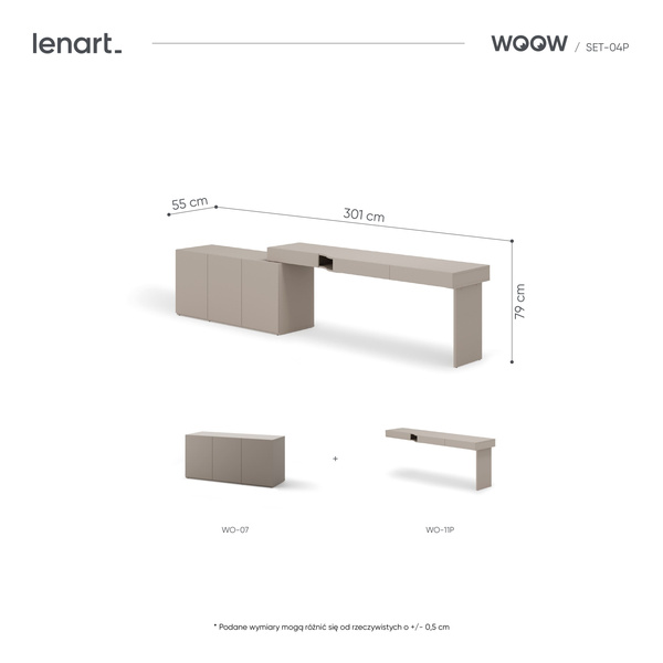 WOOW SET-WOS4P - Zestaw Komoda i Biurko Prawe Szampański/Dąb Vincenza Bielona/Clay Grey