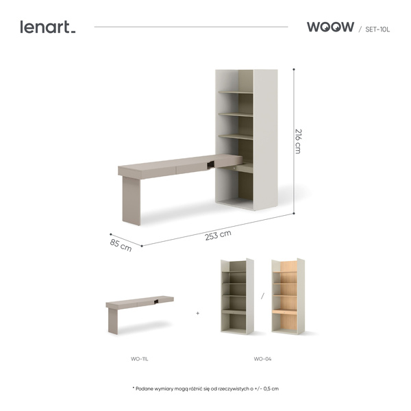WOOW SET-WOS10LE - Zestaw Biurko Lewe i Regał Szeroki Szampański/Eukaliptus/Clay Grey