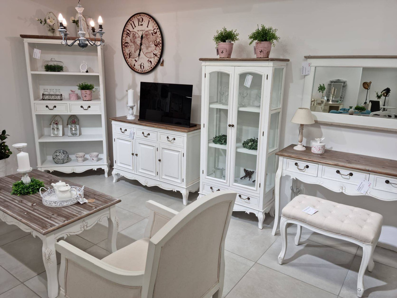 Rimini White 019 Stolik 1S z półką prowansalski biały z przecieranym brązowym blatem drewno/mdf