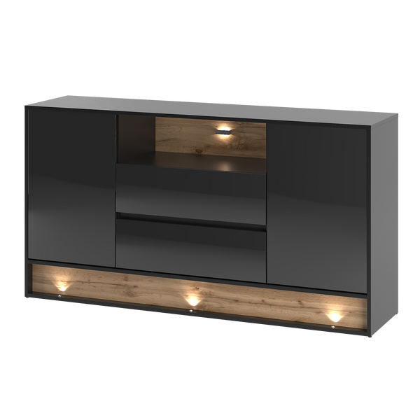 VISION-02 - Komoda 2D2S z Oświetleniem LED Czarny Mat Dąb Wotan Mat Czarny Połysk