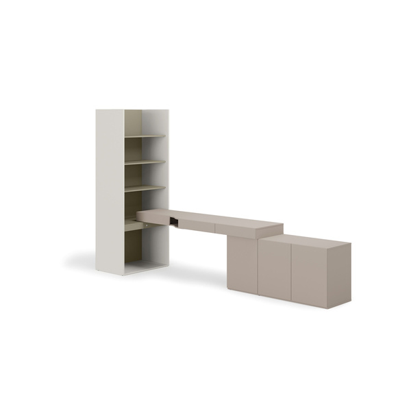 WOOW SET-WOS8PE - Zestaw Komoda i Biurko Prawe/Regał Szeroki Szampański/Eukaliptus/Clay Grey