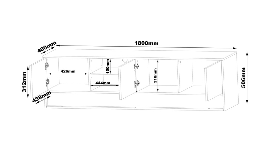 VISION-01 - Komoda RTV 3D z Oświetleniem LED Czarny Mat Dąb Wotan Mat Czarny Połysk