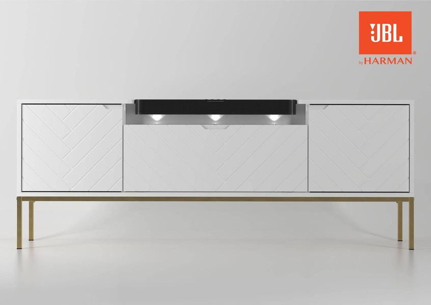 ASPEN-06 - Komoda RTV 3D z Soundbarem JBL i Oświetleniem LED Biały Mat Złoty Stelaż
