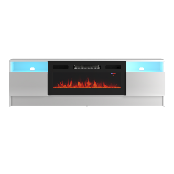 DUKE-01 - Komoda RTV 2D z Oświetleniem LED i Kominkiem Elektrycznym Biały Mat Biały Połysk