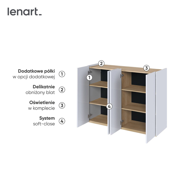 EASY EA-02 - Komoda 4-drzwiowa z Oświetleniem LED Biały Połysk/Dąb Scandi